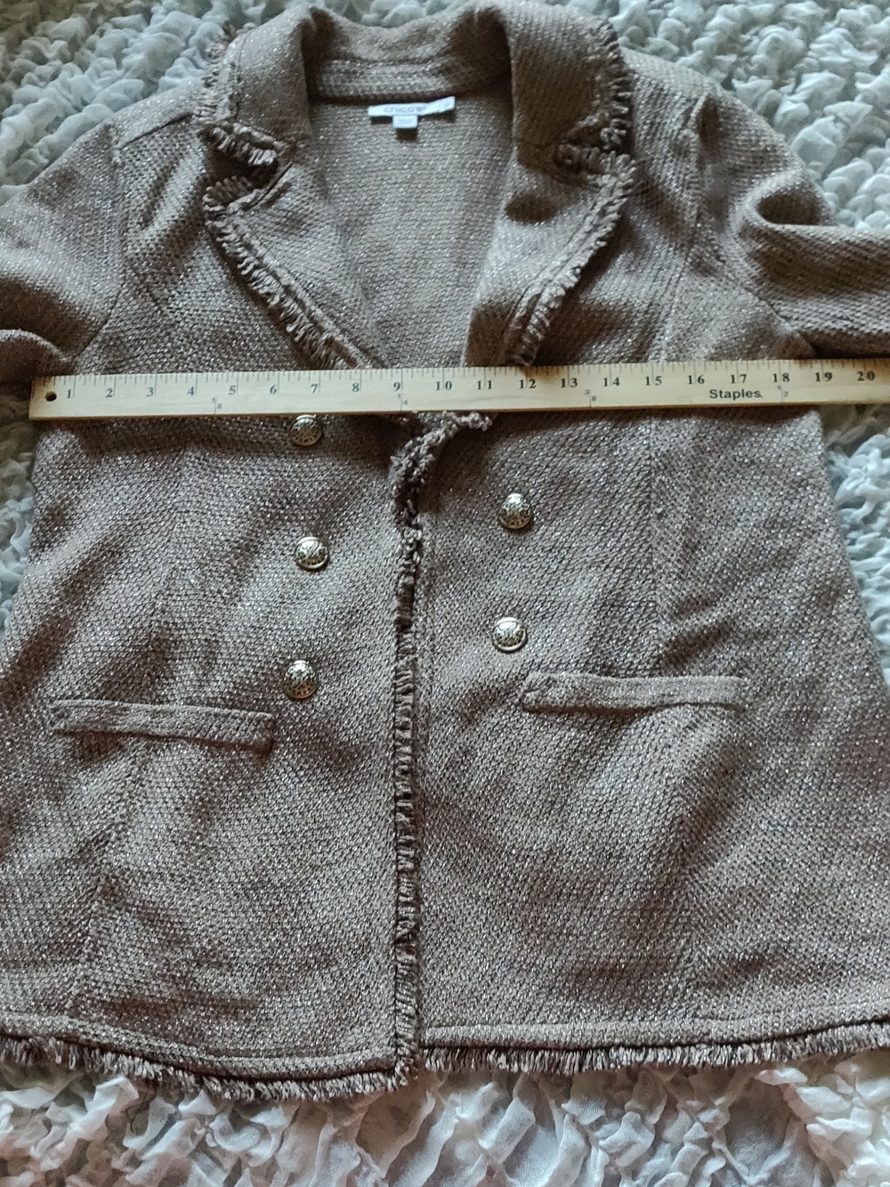 Chico's Shimmery Taupe Tweed Frayed-Edge Faux Double-Breasted Blazer - Picture 13 of 16